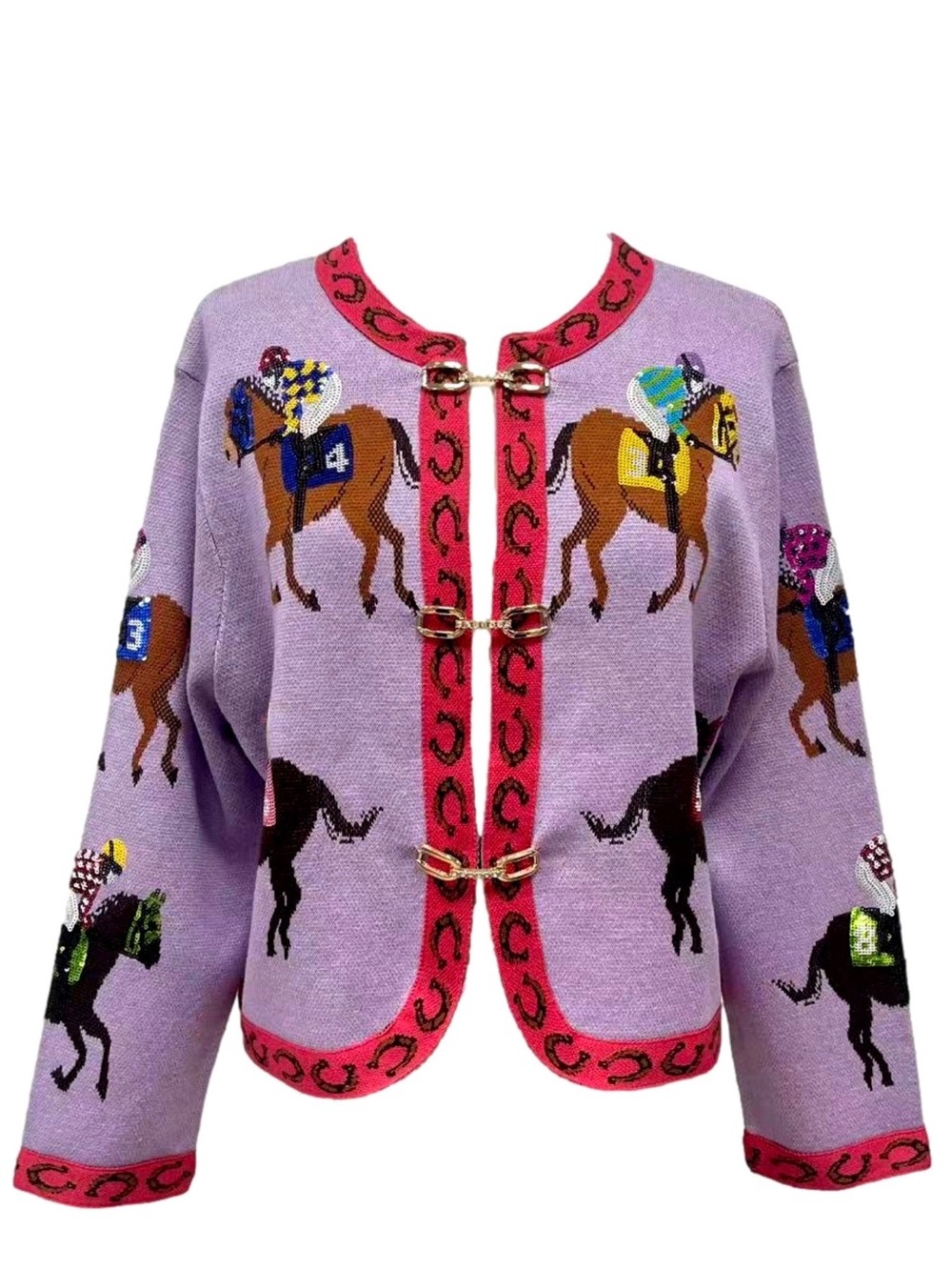 QUEEN OF SPARKLES Lavender Horse-Print Knit Jacket with Pink Trim